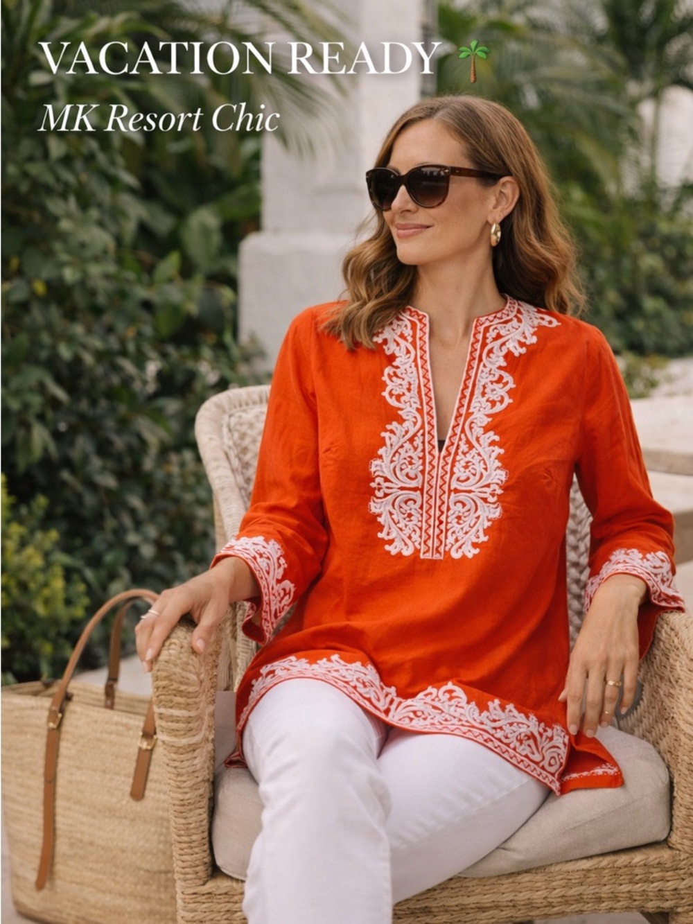 Michael Kors Orange Embroidered Tunic Top 🌴 Resort Vacation Coastal Chic Blouse